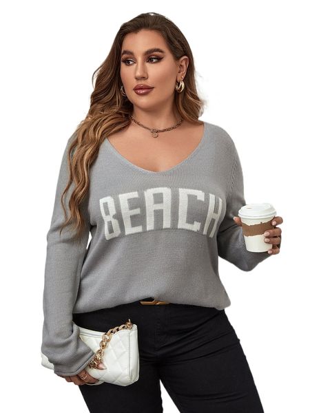 

plus letter pattern split hem sweater e7qy#, Black