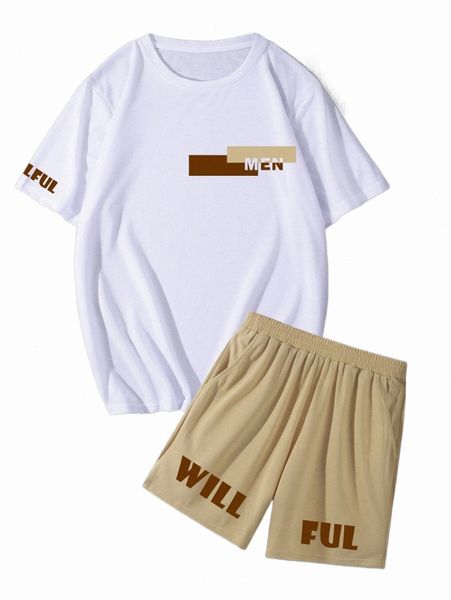 

men letter graphic tee & shorts m9c4#, Gray