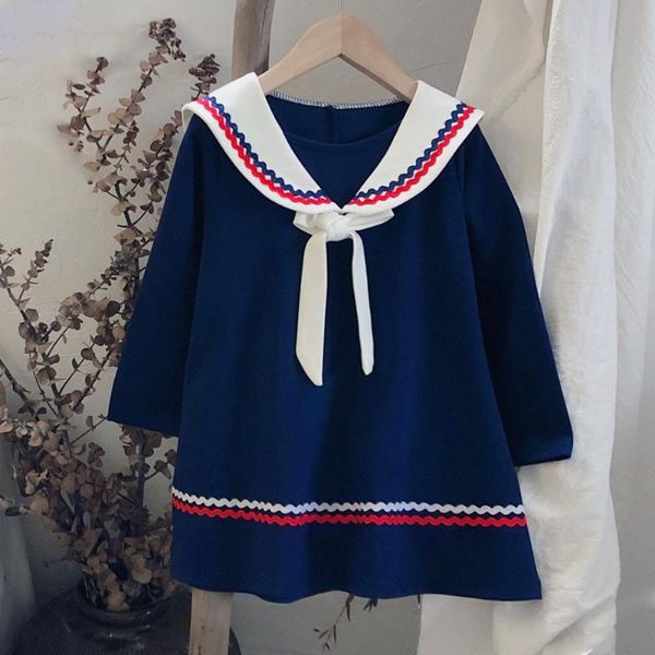 Vestiti della ragazza 1-8Y Ragazze Navy Collare Stile College Studente Vestito Casuale 2022 Autunno Abbigliamento A Maniche Lunghe Adolescenti Bambini Costume