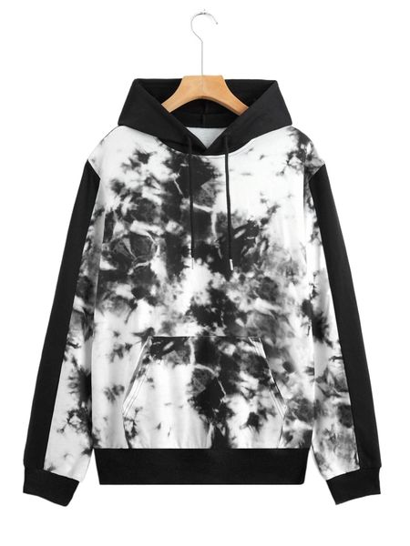 

men tie dye kangaroo pocket drawstring hoodie t8pu#, Black