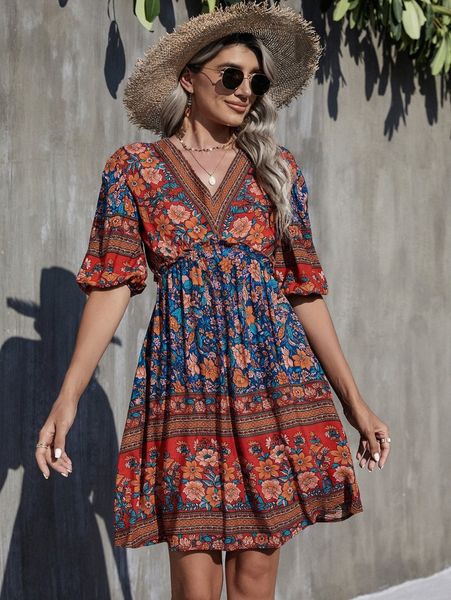 

floral print puff sleeve dress i8pu#, Black;gray