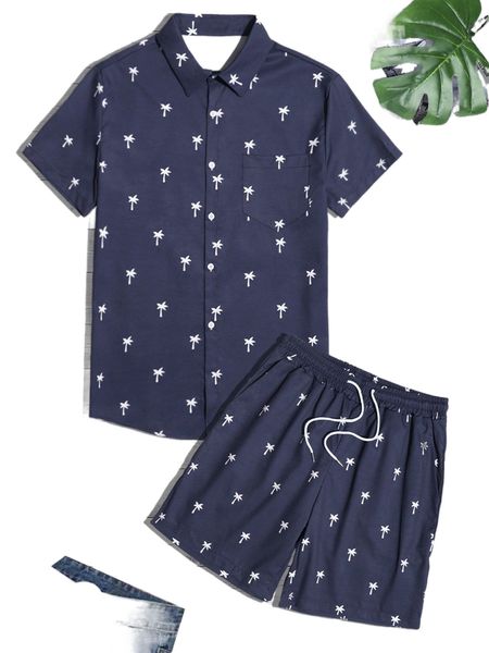 

men coconut tree print shirt & drawstring waist shorts 89p8#, Gray