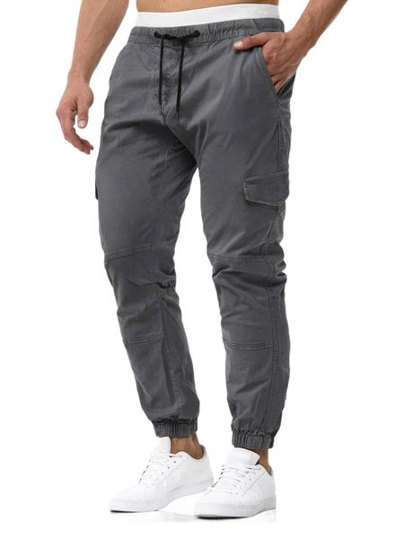 

men drawstring waist flap pocket pants 46dc#, Black