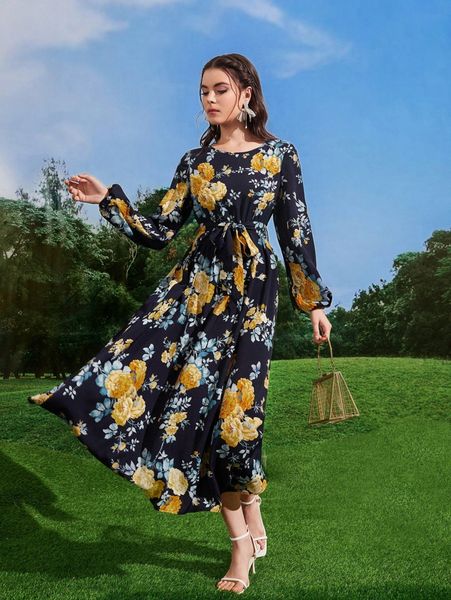 

floral print lantern sleeve belted dress q7i6#, Black;gray