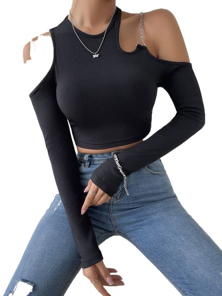 

cold shoulder chain detail crop tee v7n2#, White