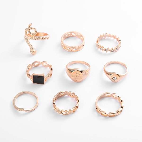 

anillo geomÃ©trico bohemio creativo con goteo aceite, tendencia fresca, diamante hueco en forma de serpiente, conjunto 9 piezas de, Golden;silver