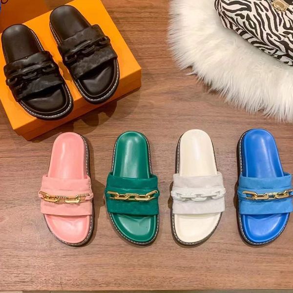 

woman pillow mule slippers sandals slides women men sunset pool comfort mules calf leather embossed metallic chain sandales designer sliders, Black