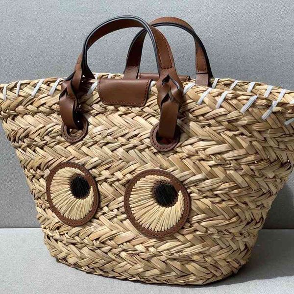 

beach straw tote hand-held big eyes vegetable basket bag hand-woven with cowhide 220610