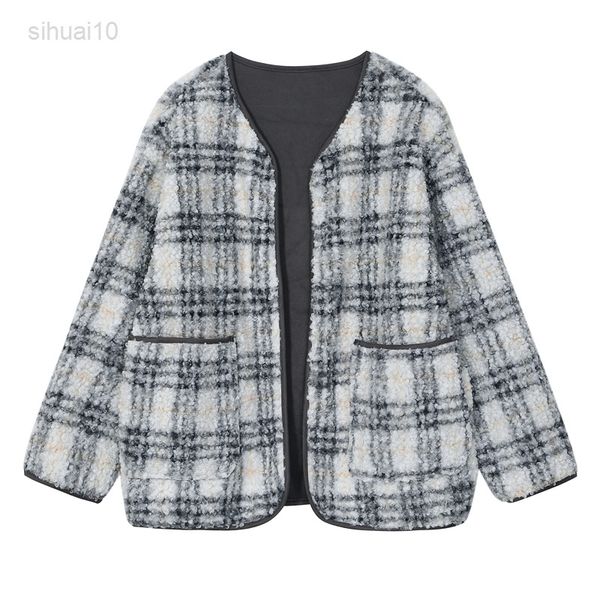 

women lamb wool coat plaid retro casual large profile 2021 autumn winter warm thin hairy women coat all-competition loose l220725, Black