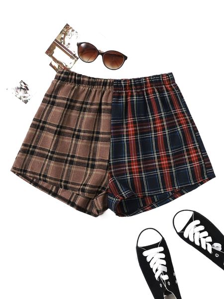 

plaid spliced elastic waist shorts j52y#, White;black