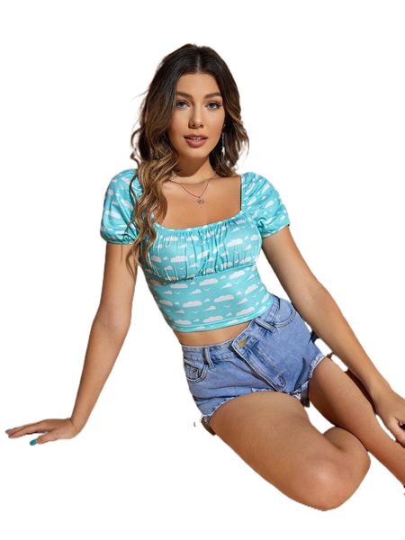 

x squid house bird & clouds print puff sleeve crop tee m59v#, White
