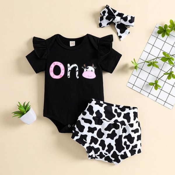 Set di abbigliamento Pantaloncini per bambina Completo con stampa di lettere Tuta a maniche corte Pelle di mucca Fascia per capelli con fioccoAbbigliamento