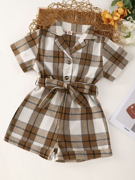 

toddler girls plaid lapel collar belted romper she, Blue