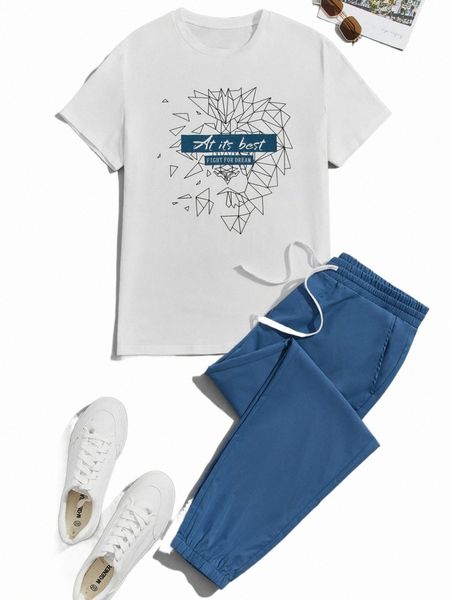 

men geo & slogan graphic tee & drawstring waist pants r98o#, Gray