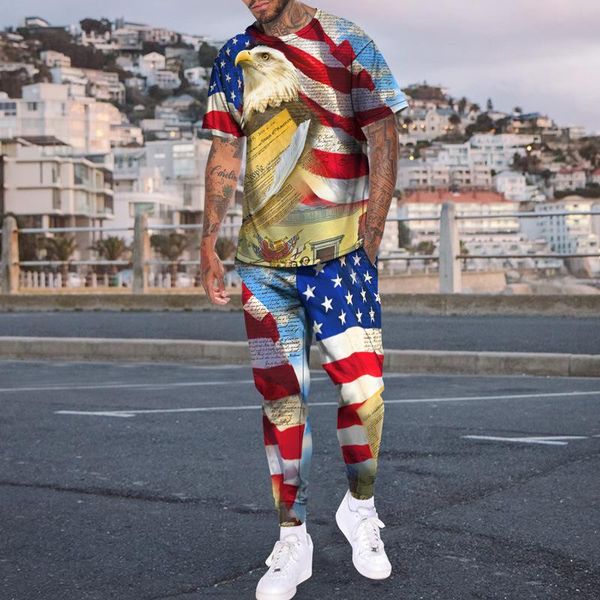 Herren-Trainingsanzüge, Herren-Trainingsanzug, lässiges Outfit, 2-teiliges Langarm-T-Shirt-Hosen-Set, Amerika-Flagge, übergroßer Streetwear-Anzug, Alltagskleidung