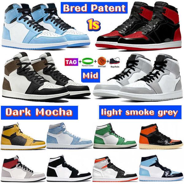 

mens royal patent bred 1 basketball shoes 1s university blue high dark mocha twist light smoke grey chicago unc bordeaux royal toe, Black