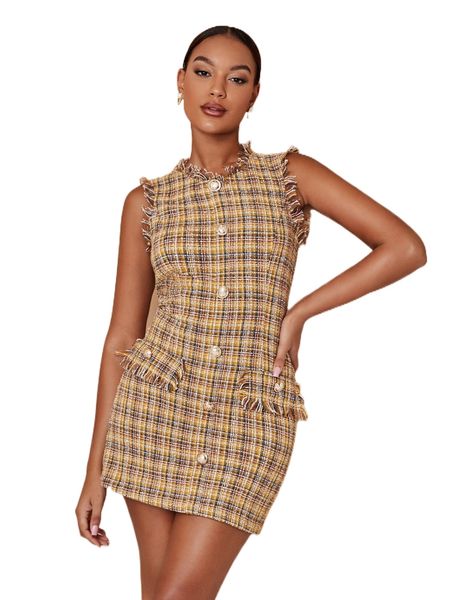 

plaid pattern frayed trim tweed fitted dress l6pw#, Black;gray