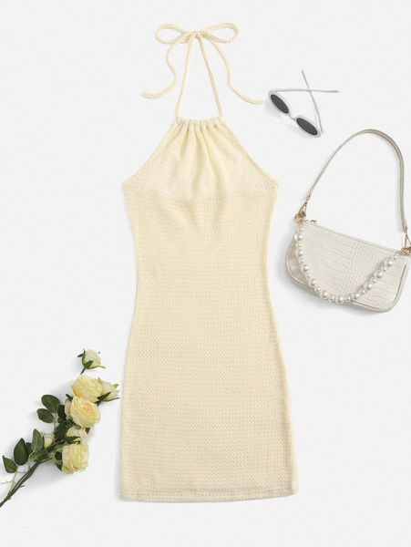 

waffle knit tie back halter dress j2de#, Black;gray
