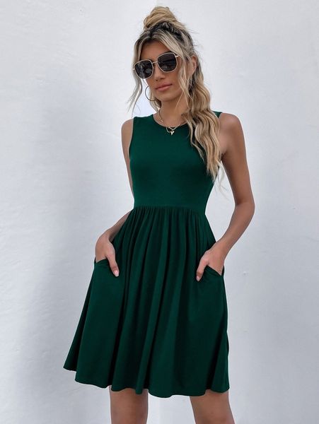 

solid hidden pocket flared hem dress c6k5#, Black;gray