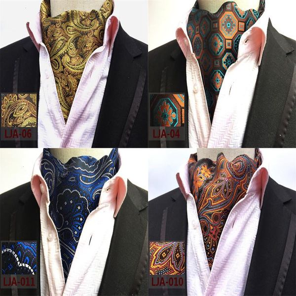 Altın paisley ascot kravat erkekler kaju kırmızı erkek ipek resmi mavi kravat adam düğün çiçek siyah atkı gri A028