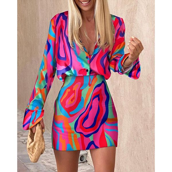 Arbeitskleider Mode Frauen Sommer Zweiteiliges Kleid Umlegekragen Abstrakter Druck Langarm Button-Down Freizeithemd Minirock SetWo