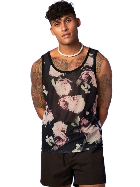 

men floral print sheer mesh tank & drawstring waist shorts d7it#, Gray