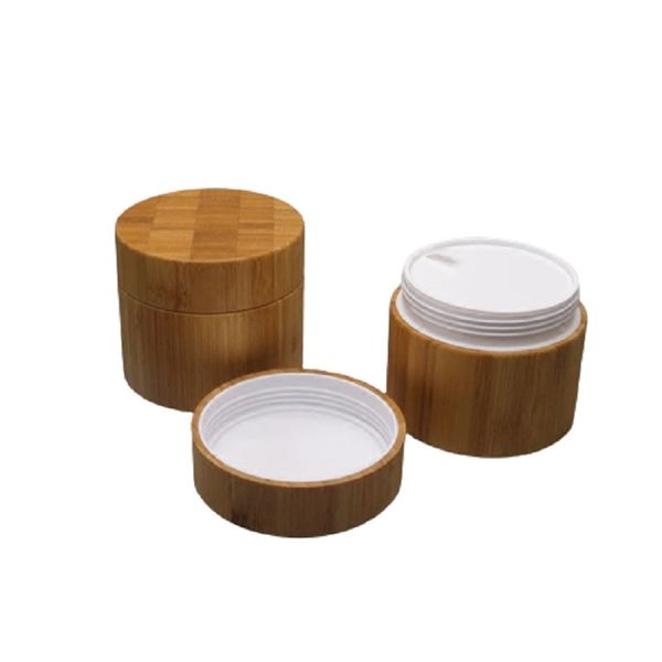 200G 250G Bottiglia vuota di crema per la cura della pelle in legno di bambù Vaso interno in plastica bianca PP con rivestimento del disco Tappo a vite Confezione cosmetica Contenitore riutilizzabile Vasi per crema per il viso