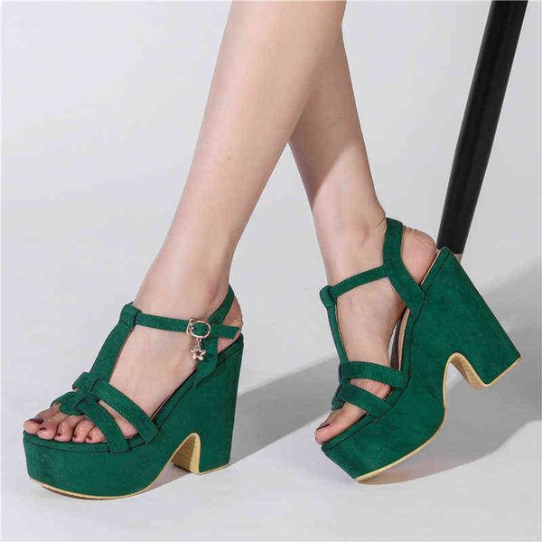 Sandali da donna Gladiatore Scarpe con plateau Sexy Tacchi punk Tstraps Flock Estate Verde Nero Festa femminile 220427