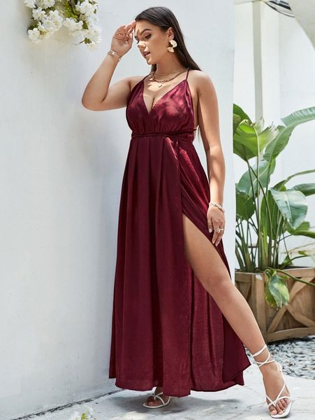 

simplee plus crisscross tie back split thigh dress o6za#, Black