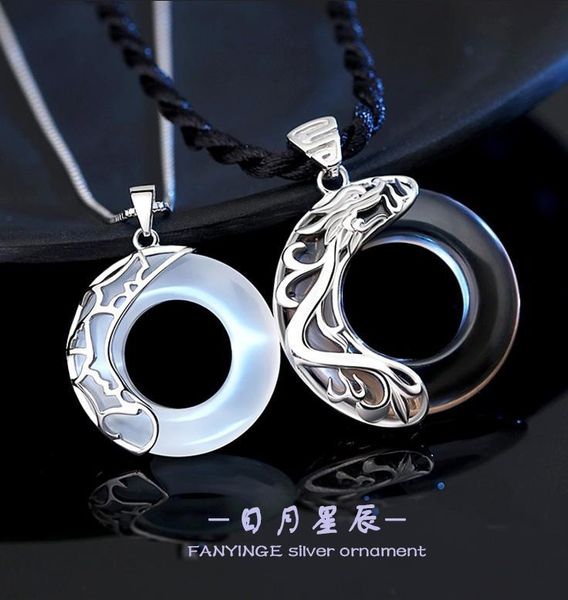 2 PCs Fashion Angel Devil Casal Colar Obsidian Opal Pingente colar