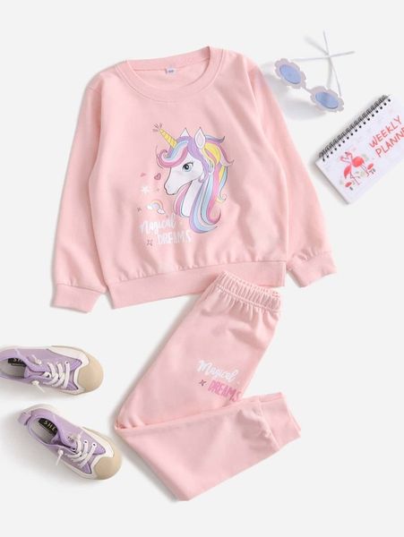 

toddler girls unicorn & letter graphic sweatshirt & sweatpants she, White