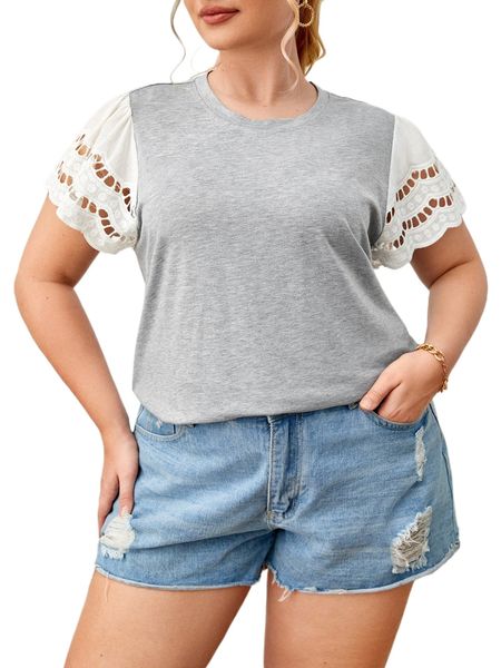 

plus contrast eyelet embroidery sleeve scallop trim tee y8kp#, Black