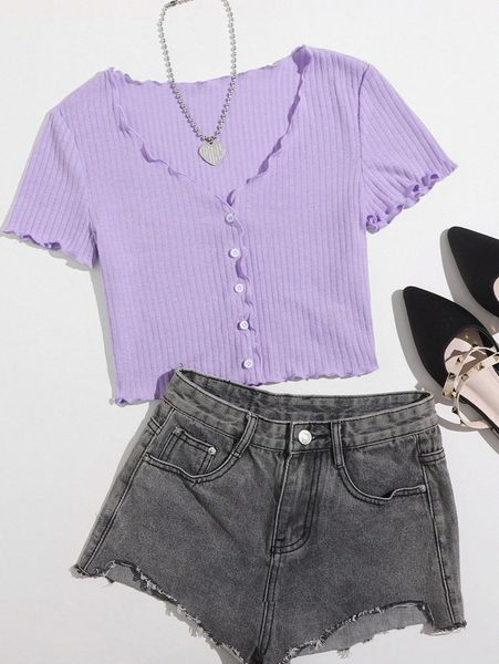 

buttoned front lettuce trim rib-knit tee m1z2#, White