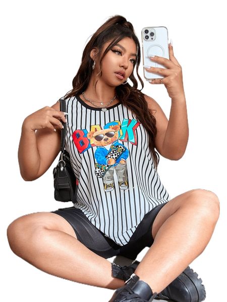 

plus striped & bear print contrast binding tank 70wf#, Black