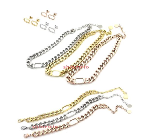 

europe america simple style necklace bracelet earrings women lady titanium steel engraved hollow out d letter 18k gold thick chain jewelry s, Black
