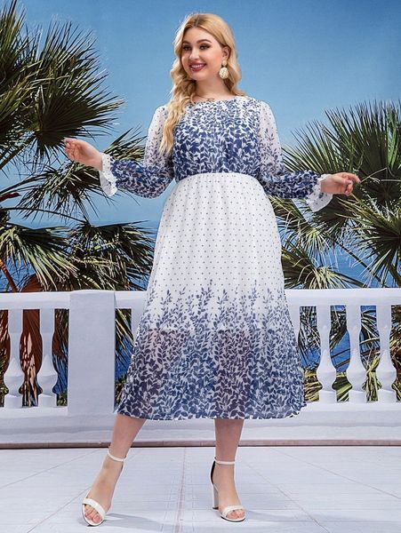 

plus polka dot & plant print flounce sleeve dress v0p6#, Black