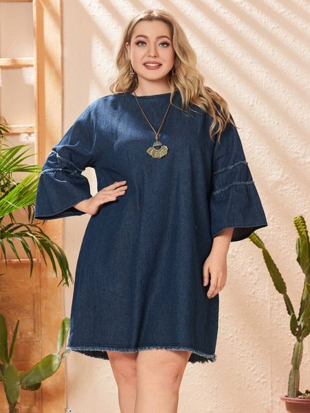 

plus raw trim flounce sleeve denim dress s8hm#, Black