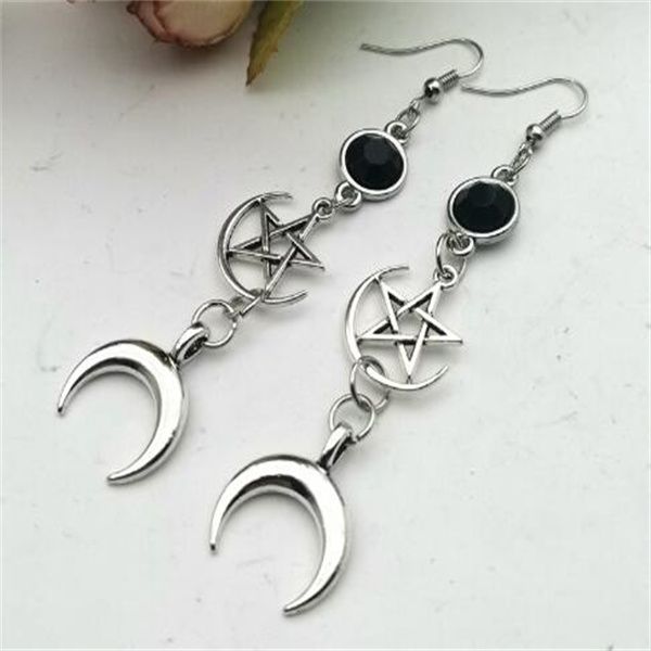 

crescent goddess black birthstone dangle chandelier and pentagram witch moon earrings gothic celestial jewelry - sun jewelry a147, Silver