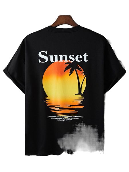 

men slogan & palm tree print round neck tee x9tm#, White;black