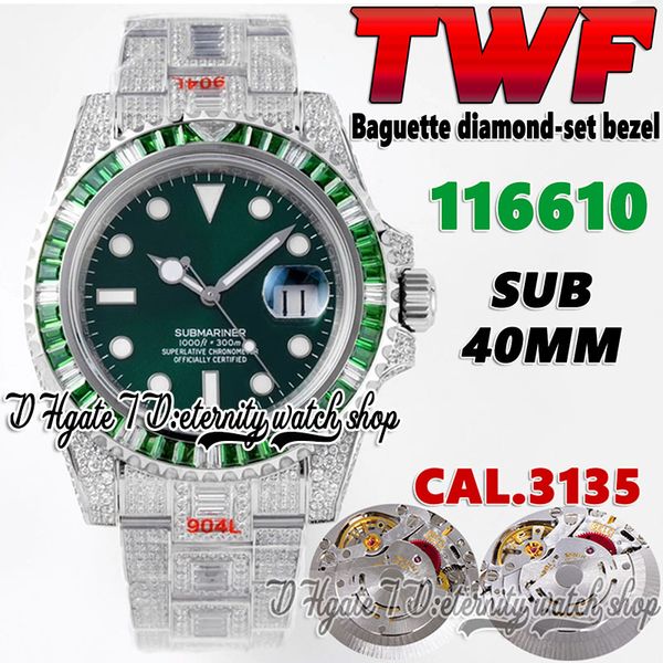 

twf 116610 126610 cal.3135 a3135 automatic mechanical mens watch emerald diamond bezel green dial 904l steel iced out diamonds bracelet eter, Slivery;brown