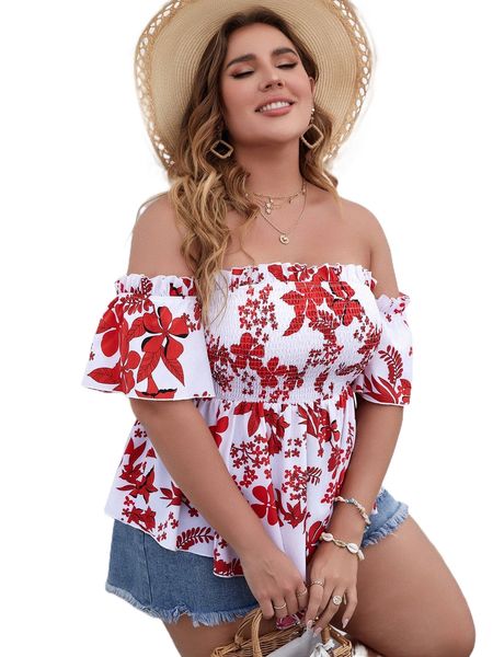 

plus floral print off shoulder shirred peplum blouse p7go#, Black