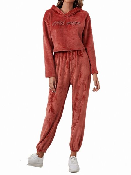 

letter embroidery drop shoulder teddy hoodie & pants 10gm#, White