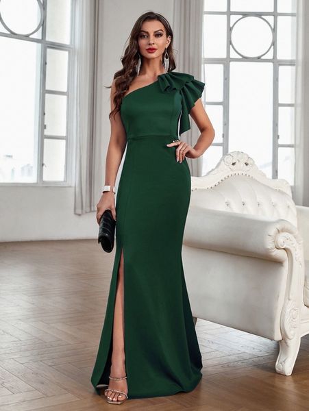 

one shoulder ruffle trim slit mermaid hem prom dress h8jc#, Black;gray