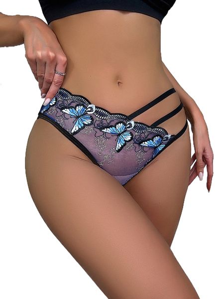 

embroidery mesh cut-out thong l3t2#, Black;red