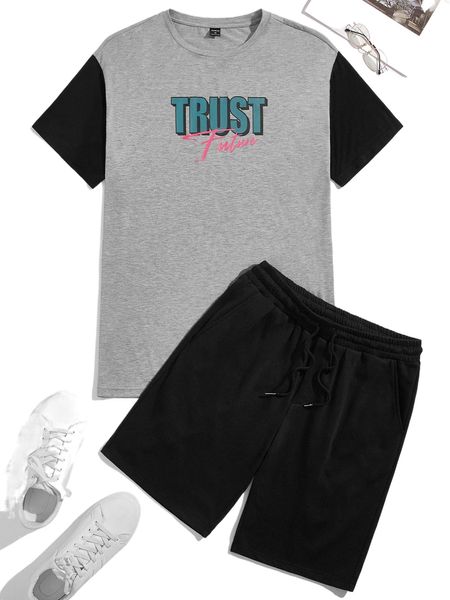 

men slogan graphic tee & drawstring waist shorts i9pe#, Gray
