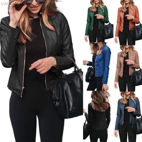 Осень сплошной цветной кожаные куртки для женщин с длинным рукавом стоять на воротничках молнии кардиган короткие тонкие PU Coat L220801