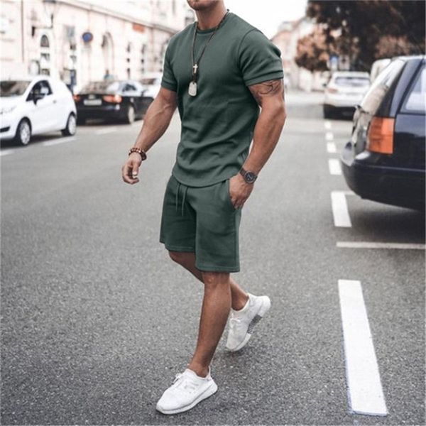 

summer men sportswear solid color o neck t shirt suit fashion short sleeve t shirt and shorts sport tracksuit 220719, Gray