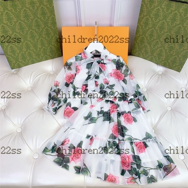 

white mesh 2022fw designer girls silk skirts sets high-end baby girl long sleeve chiffon shirts with half skirt flower printing design newly