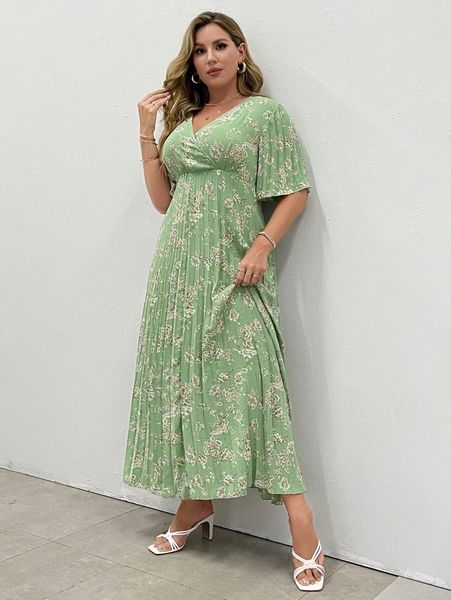 

plus surplice neck floral print pleated dress 20fq#, Black