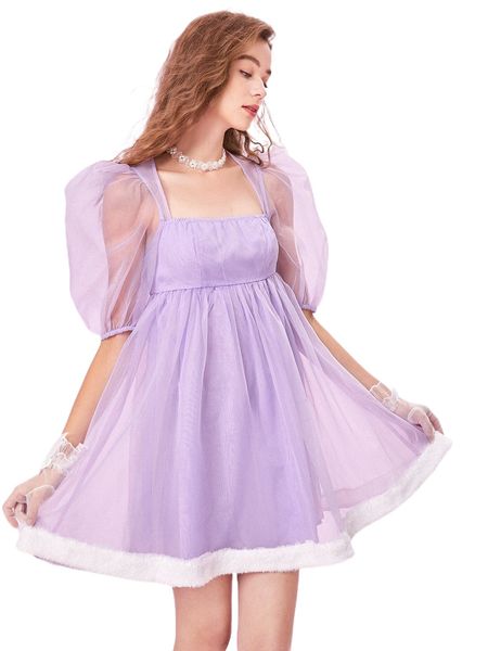 

mod square neck puff sleeve cut out back organza dress 65ef#, Black;gray